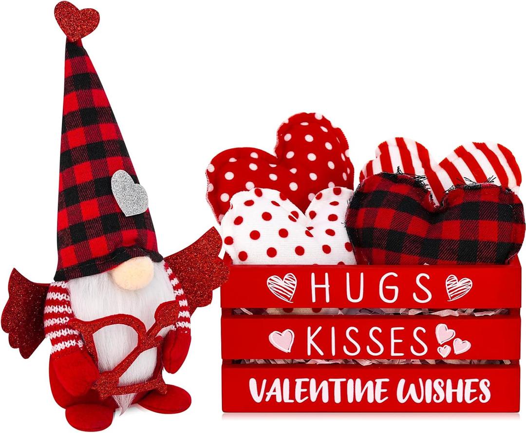 CRCZK Valentine's Day Decorations Wooden Crate with 1 Gnome Plush 4 Cotton Love 1 Pack Laffia Farmhouse Table Decor for Home Kitchen Tiered Tray Mantle Shelf Desk Decor