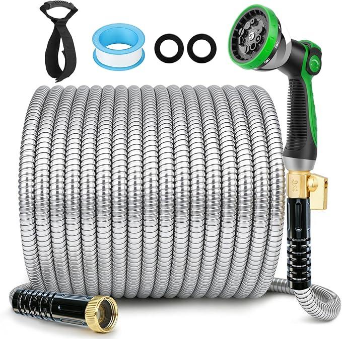 HORTICORA Garden Hose 50 ft, Non-Expandable Ultra-Lightweight Flexible Hose with 360° Dual-End Anti-Kink Design, 10-Pattern Spray Nozzle, 500 PSI Leak-Proof, 96-Strand Braided Fabric, Storage Strap