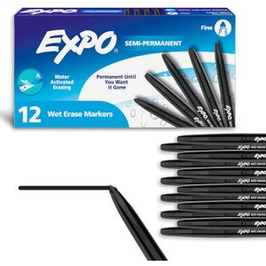 EXPO Wet Erase Markers, Semi-Permanent, Black, Fine Tip, 12 Count - For Writing on Glass, Whiteboards, Mirrors, Calendar, Labeling, Organizing