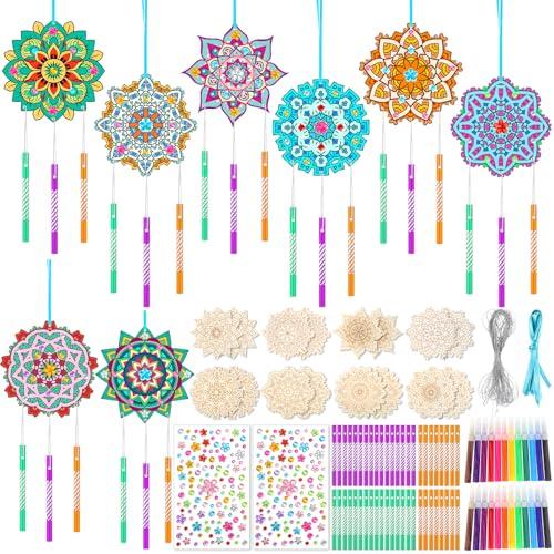 Amyhill 16 Sets Mandala Wind Chimes Craft Kit Make Your Own Mandala Wind Chime DIY Unfinished Wood Hanging Ornaments Coloring Painting Craft Kits for Gifts Adult Party Birthday Activity Home Decor