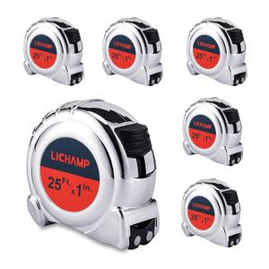 LICHAMP Tape Measure 25 ft with Magnetic, 6 Pack Bulk Easy Read Chrome Measuring Tape Retractable with Fractions 1/8, Measurement Tapes 25-Foot by 1-Inch, Round