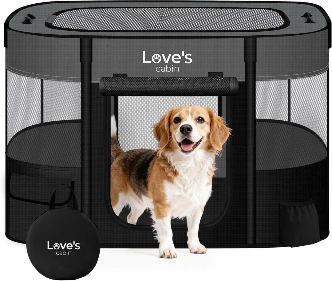 Love's cabin Pet Puppy Dog Playpen, Large Dog Tent Crates Cage Indoor/Outdoor, Portable Exercise Playpen for Dog and Cat, Foldable Pop Up Dog Kennel Playpen with Carring Case (L, Grey)