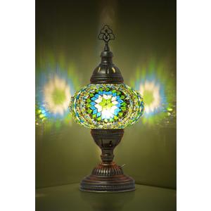 Mozaist Battery Operated Turkish Table Lamp with Built-in LED Light, Moroccan Decorative Glass Vintage Shade, Portable Desk or Bedside Stained Glass Lamp (Light Green-14)