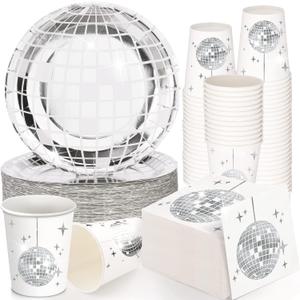 Gerrii 150 Pcs Disco Party Plates Cups and Napkins Disco Ball Theme Birthday Party Decorations Silver Paper Plates 70s Hip Hop Disposable Dessert Tableware Set Serves 50 Guests Baby Shower Supplies