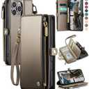 Defencase Compatible with iPhone 16 Pro Max Case Wallet with RFID Blocking Card Holder for Woman Men, PU Leather Magnetic Snap Flip Zipper Strap Phone Case for iPhone 16 Pro Max 6.9", Desert Titanium