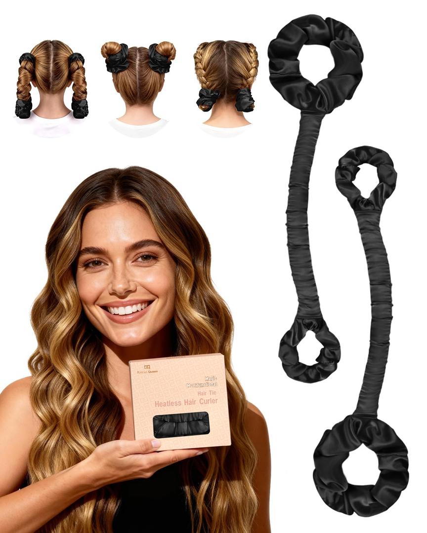 BONNET QUEEN Heatless Hair Curler Set (2Pcs), Heatless Curls Overnight with Satin Hair Rollers, All-in-One Curling Rod for Hair Curlers to Sleep In, Black(For Bouncy Curls)