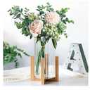 Glass Cylinder Vase with Wood Base,Bud Vase for Centerpieces,8 Inches Clear Ribbed Flower Vase,Tall Glass vase Hurricane Candle Holder,Wooden Vase Decorative for Home Decor,Wedding,Housewarming Gift