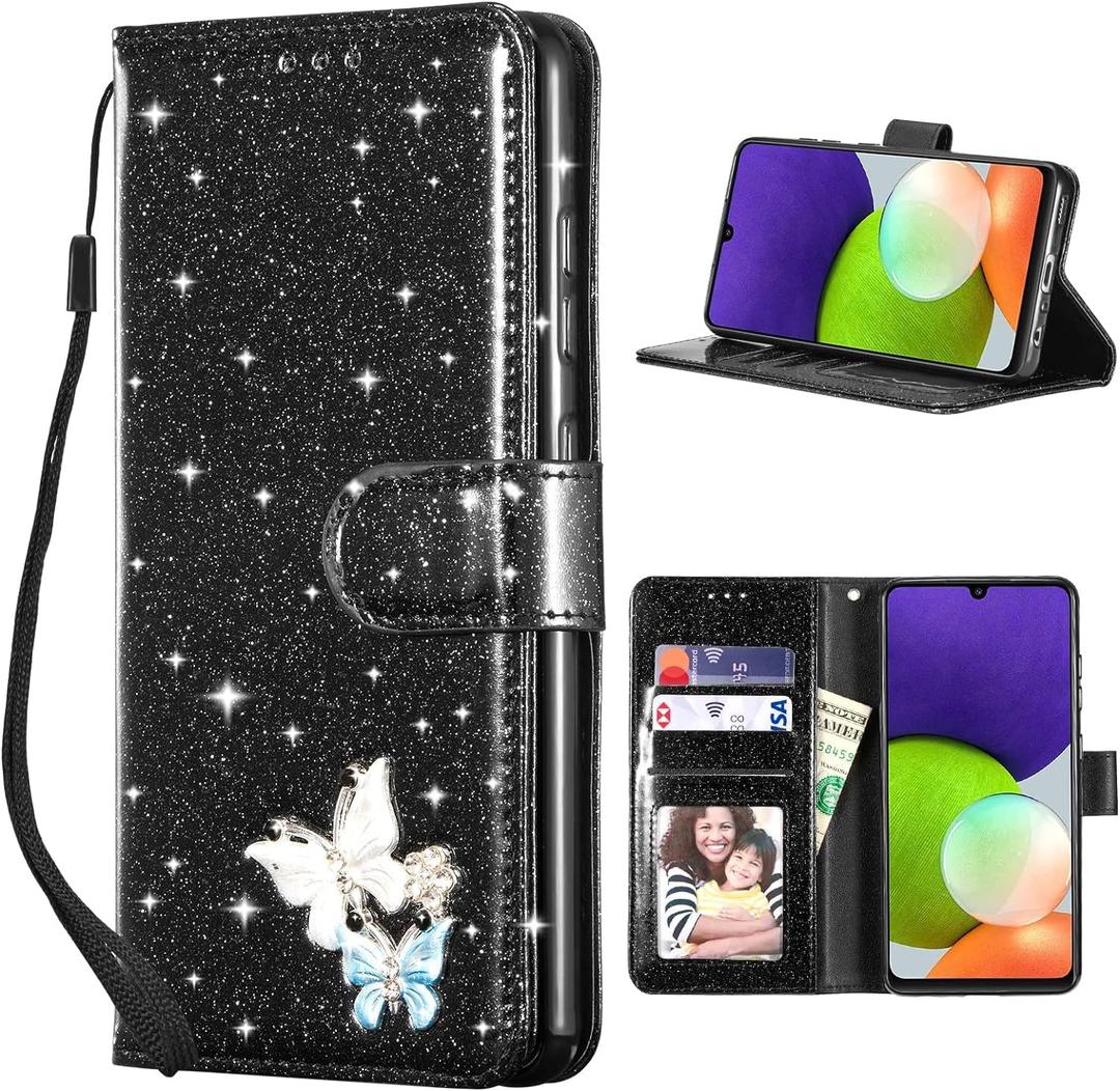 UEEBAI Wallet Case for Samsung Galaxy A16 4G/5G, Glitter PU Leather Phone Cover Card Slots Kickstand Wallet Magnetic Closure Bling Flip Case Shockproof Hand Strap Flip Cover - Black