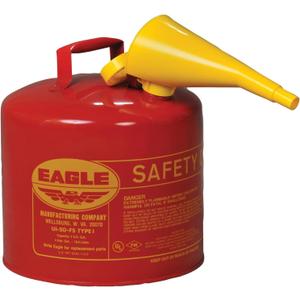 Eagle 5 Gallon Type I Red Safety Gas Can for Gasoline with Flame Arrester, Self-Closing Lid, and F-15 Funnel, Made in the USA, Galvanized Steel Flammable Storage Can, UI50FS