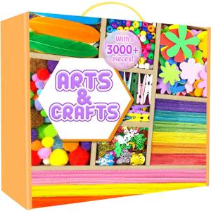 Arts and Crafts Supplies for Kids - 3000Pcs Craft Kit with Pipe Cleaners Crafts for Kids All in Art Crafting Box DIY School Supplies Materials Set Toys Gifts for Girls Boys Age 4 5 6 7 8 9 10 11 & 12 (Orange)