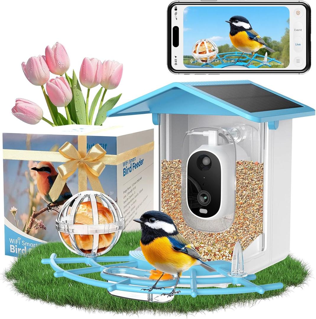 Bird Feeder with Camera, Solar-Powered, Color Night Vision, 2.4GHz WiFi, AI Smart Bird House with Cam, 2K Live View, Instant Notifications, Choice for Christmas/Parents