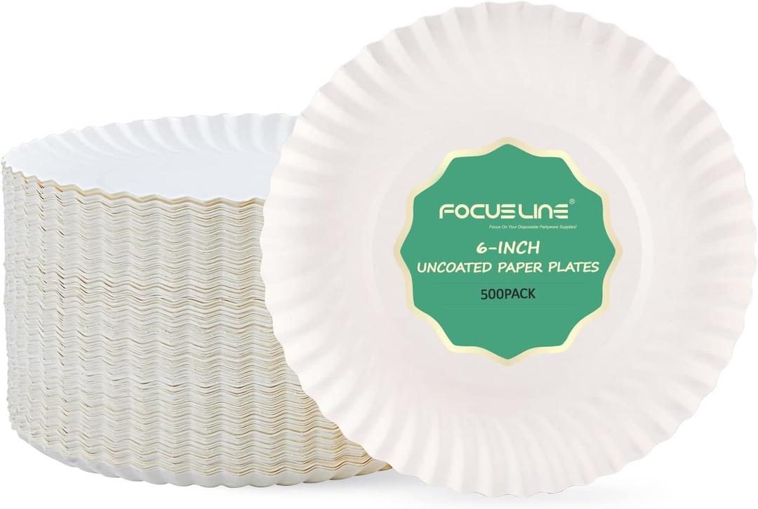 FOCUSLINE 6 Inch White Paper Plates 500 Count, Uncoated Paper Plates, Everyday Disposable Dessert Plate 6" Plate Bulk, Pack of 500 Count