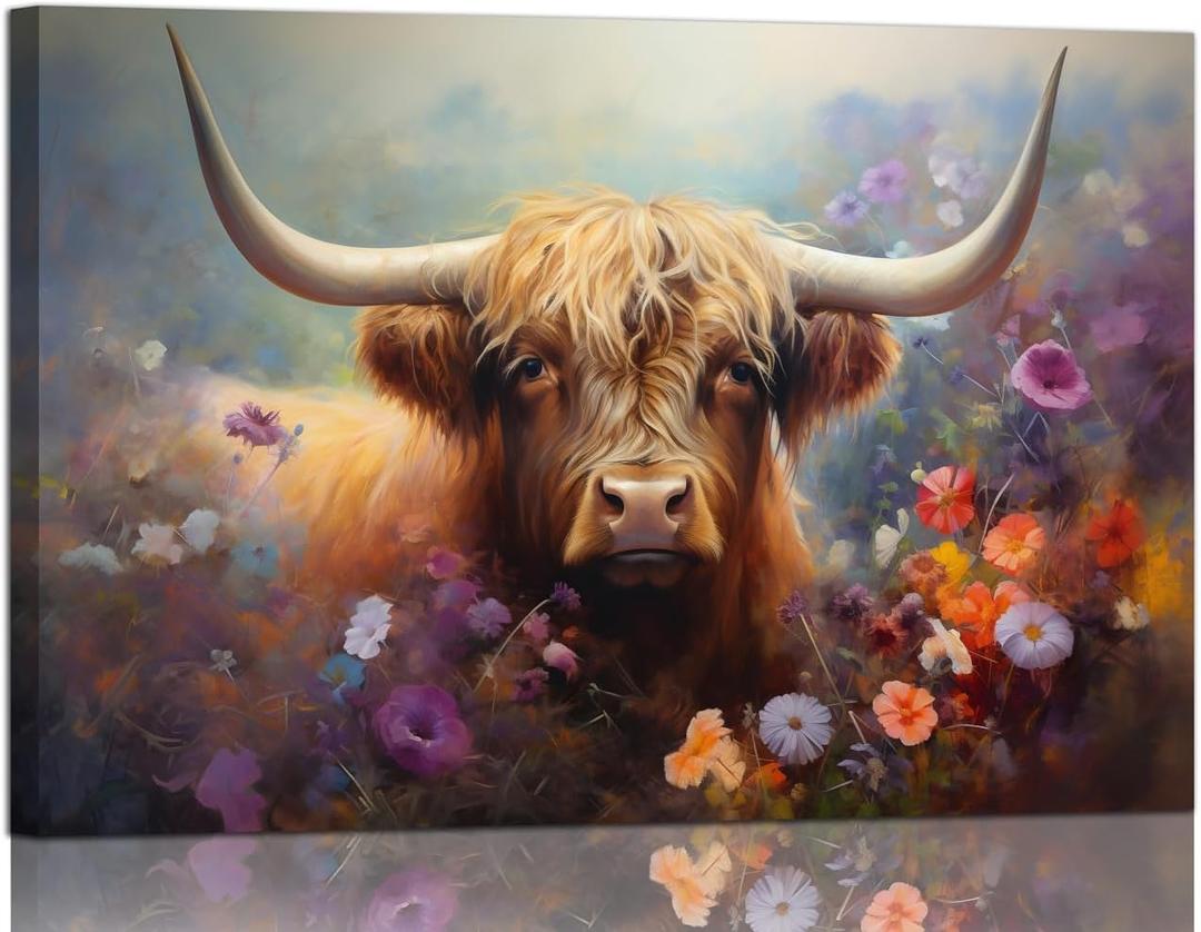 Cow Pictures Wall Decor Highland Cow Canvas Wall Pictures Farmhouse Wall Art Western Wall Decor Rustic Art Painting Animal Theme Artwork for Living Room Bedroom Home Office Decorations, Ready to Hang (36L" x 24W")