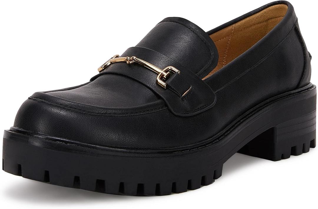 VETASTE Womens Lug Sole Platform Mid Chunky Heel Loafers Classic Round Toe Slip On Office Uniform Oxfords Shoes with Metal Chain (8, Black)