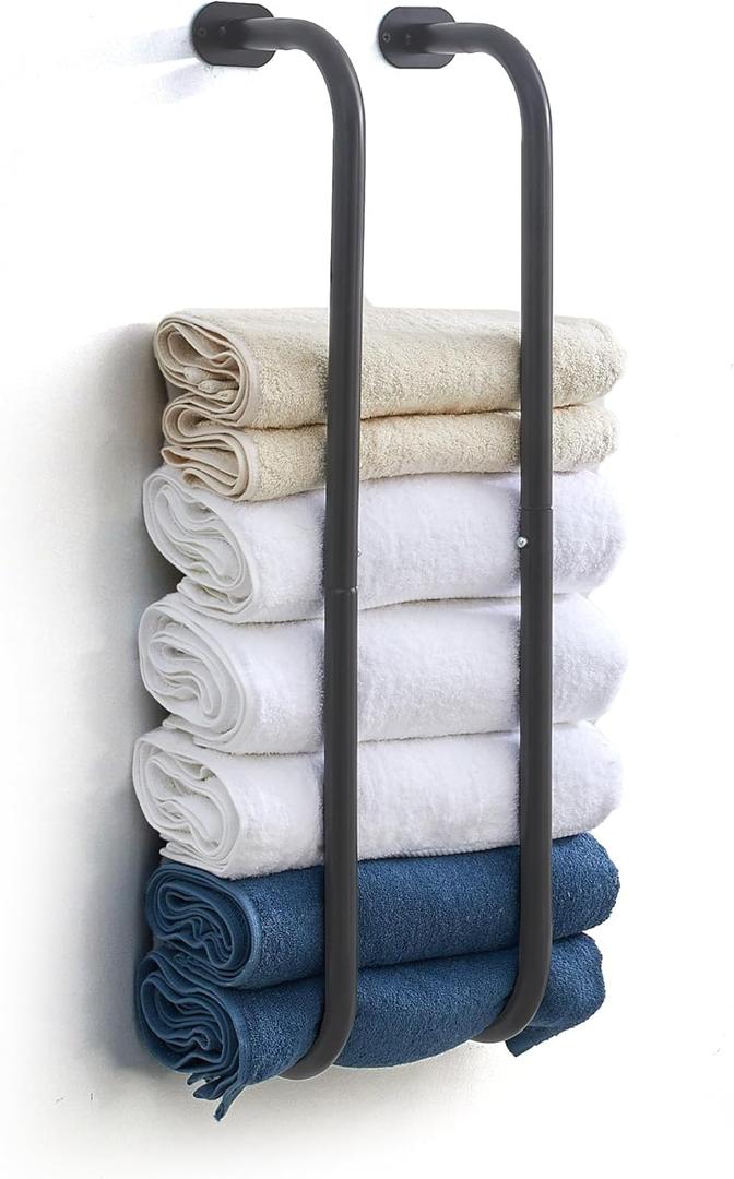 Wall-Mounted Towel Rack for Rolled Towels, Gunmetal Gray Bathroom Towel Holder, Space-Saving Metal Towel Shelf for Bathroom, Kitchen, or Laundry Room, Easy Installation 2 Pack