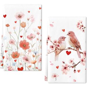 Valentines Day Kitchen Towels Set of 2,16x24 Inch Valentines Day Dish Towels Magpie Poppy Flower Absorbent Drying Cloth Tea Towels for Anniversary Wedding Decoration Hand Towels