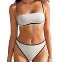 SUUKSESS Women Bandeau High Waisted Bikini Set Cheeky High Cut Two Piece Swimsuits Square Neck Color Block Bathing Suit (White Black,L)