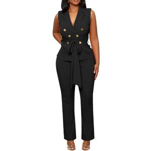 Blazer Pants Suits for Women Dressy Sleeveless Vest with Belt Wide Leg Pants 2 Piece Outfits Business Set Casual Suiting (Small, Black)
