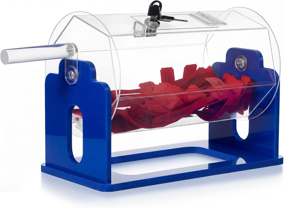Leinuosen Acrylic Raffle Drum, 13 x 10.6 x 7 Inches Holds 1500 Tickets, Clear Raffle Tickets Box with Handle, Transparent Spinner Cage for Games, Party Activities (Hexagon, Dark Blue)