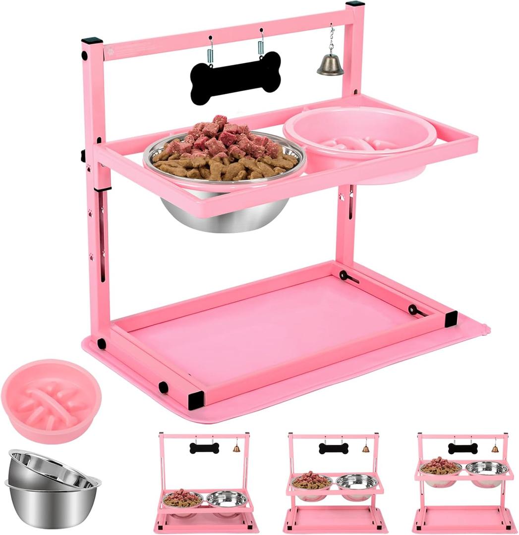 SHAINFUN Pink Elevated Dog Bowl Stand with Two 1700ml Stainless Steel Food Bowls, Slow Feeder and Spill Proof Mat, Adjustable Feeder for Large, Medium and Small Dogs (Large Dogs, Pink-Pink Slow Bowl & Mat)