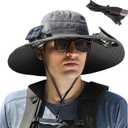 Solar Fan Hat, Wide Brim Sun Hat with 2 Solar Fan, Hat with Solar Fans Built in, Fishing Hat with Fan for Men, Waterproof Outdoor Hiking Camping Fishing Hat Grey