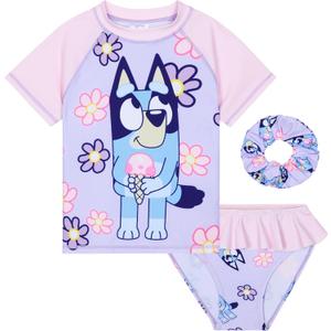 Bluey Girls Swimsuit One Piece Bathing Suit or Rash Guard Set Kids, Toddlers, Swimwear Pool Beach Travel Essentials Holiday (7-8 Years, Lilac With Scrunchie)