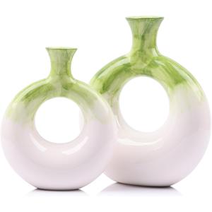Ceramic Donut Vases Set of 2, Green and White, Perfect for Home Decor, Modern Boho Style, Ideal for Centerpieces and Dinner Tables