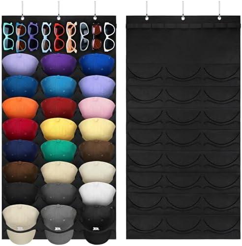 Pack of 2, Yonsya Hat Organizer Racks for Baseball Caps and Sunglasses, Hat Rack for Wall, Sunglass Organizer 24 Pockets 9 Holes (Black)