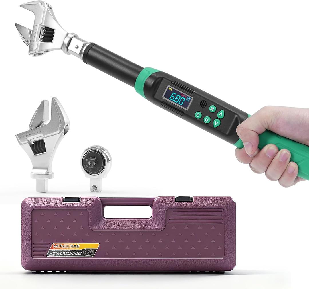 3/8" Adjustable Digital Torque Wrench, Interchangeable Head, 5-99.6 Ft-lb | ±2% Electronic Torque Wrench with 9×12mm Ratchet & Adjustable Open-End Heads, Automotive, HVAC & Industrial Maintenance