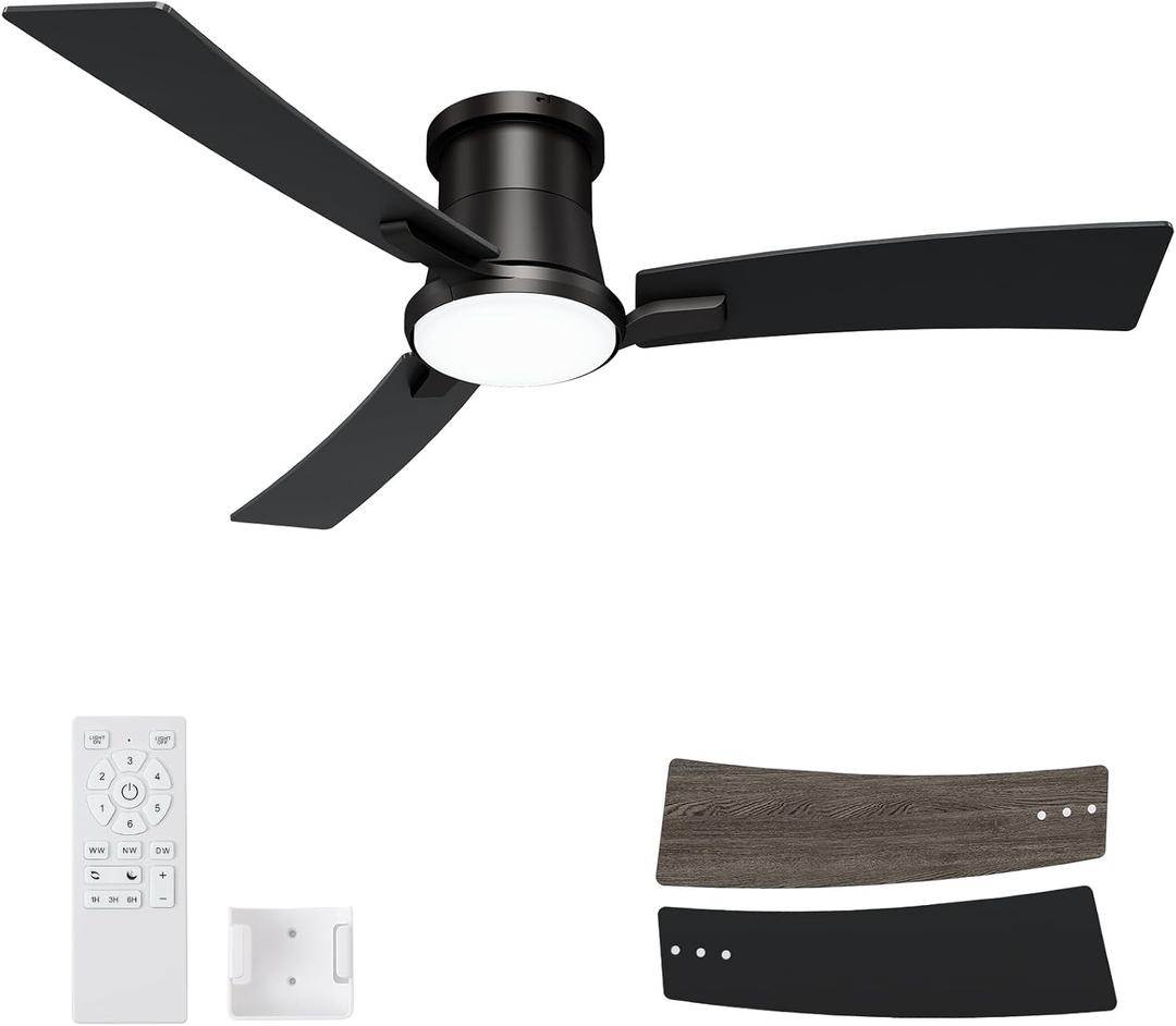BatQueen 52 Inch Ceiling Fans Black Lights and Remote,White Low Profile Ceiling Fan with Light,Flush Mount,Reversible,6 Speeds,3CCT Dimmable,for Bedroom,Living Room,Indoor Patio