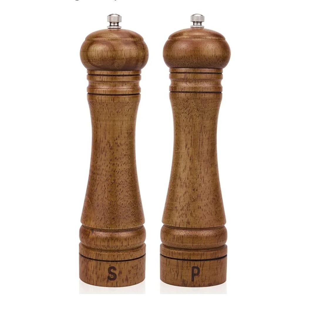 XWXO Wood Salt and Pepper Grinder Set, Salt Mill Pepper Grinder Set, Pepper Mill, Salt Shakers with Adjustable Ceramic Rotor- Oak Wood Pepper Grinder for Your Kitchen 8 inches - Pack of 2