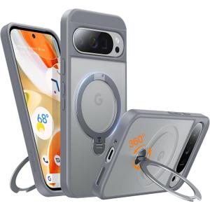 TORRAS 360 Spin Magnetic Stand for Google Pixel 9 Pro XL Case, 12FT Military Grade Protection, Compatible with Magsafe, Shockproof Slim Pixel 9 Pro XL Phone Case with Kickstand & Ring Holder, Gray