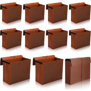 PerKoop 10 Pcs Expanding File Folder with Flap 7 Inch Expansion Expanding File Wallet with Elastic Cord Closure Letter Size Heavy Duty Document Organizer, 10 Slots, Brown