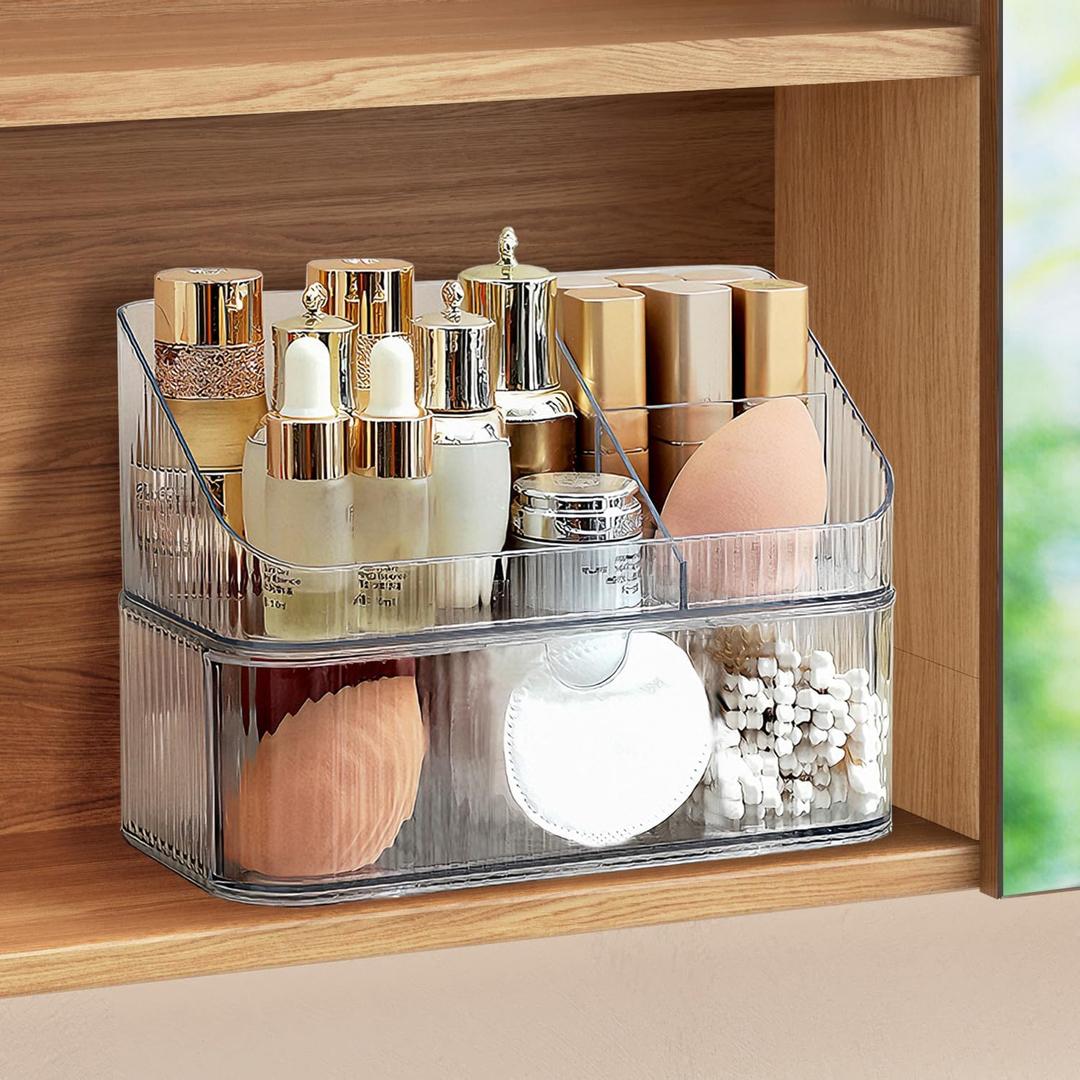 Medicine Cabinet Organizer 2 Tier, Stackable Bathroom Mirror Cabinet StorageSmall Makeup Organizers with 1 Drawer and 1 Tray for Wall Cabinet Closet Vanity, Countertop, Clear