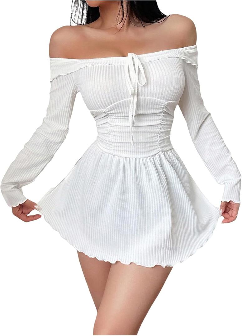 SOLY HUX Women's Off The Shoulder Babydoll Nightgown Tie Front Long Sleeve Knit Night Dress Sleepwear (L)