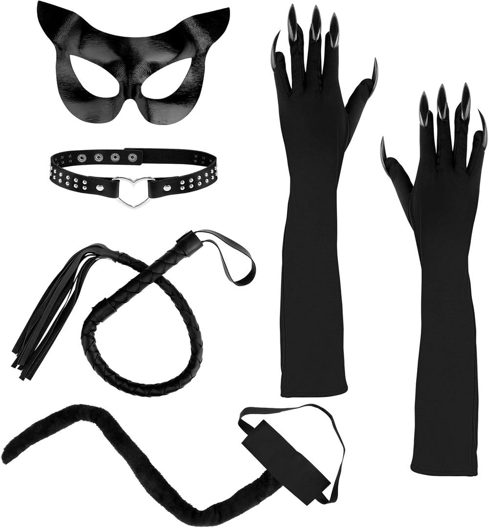 5 Pcs Halloween Cat Costume Accessories for Women, Black Cat Mask Cosplay Costume for Women, Set of 5pcs Faux Claw Gloves Necklace Tail Outfit Set