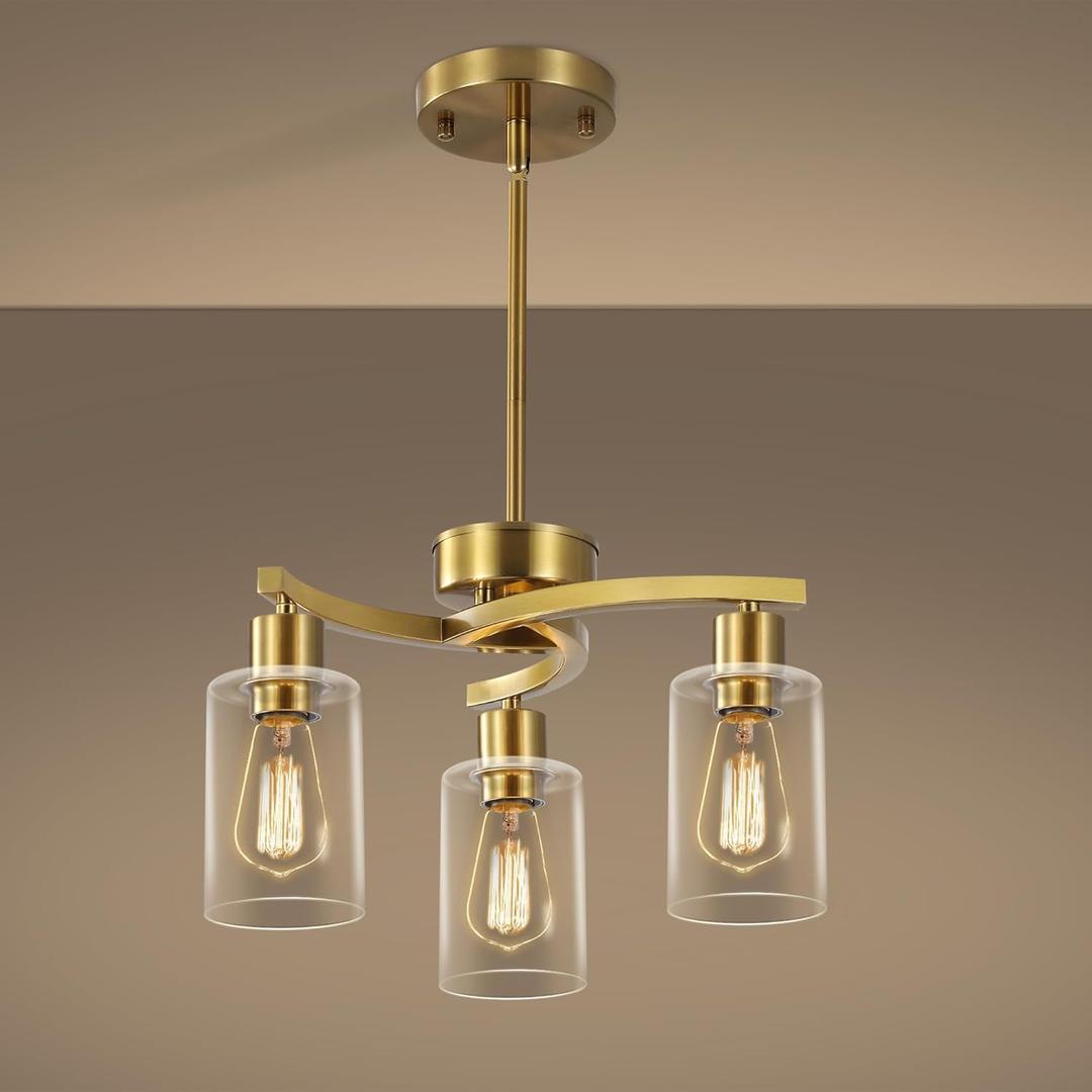 CNRATYE 3-Light Gold Dining Room Chandeliers Over Table, Contemporary Kitchen Island Pendant Lighting, Industrial Hanging Light Fixture for Entryway Hallway Foyer Bedroom, Clear Glass Shade