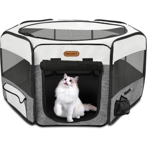 Dog Playpen, Portable Pet Play Pen Foldable Carrying Case, Puppy Pens Outsid for Small Cat Indoor/Outdoor, Removable Mesh Shade Cover (Grey)