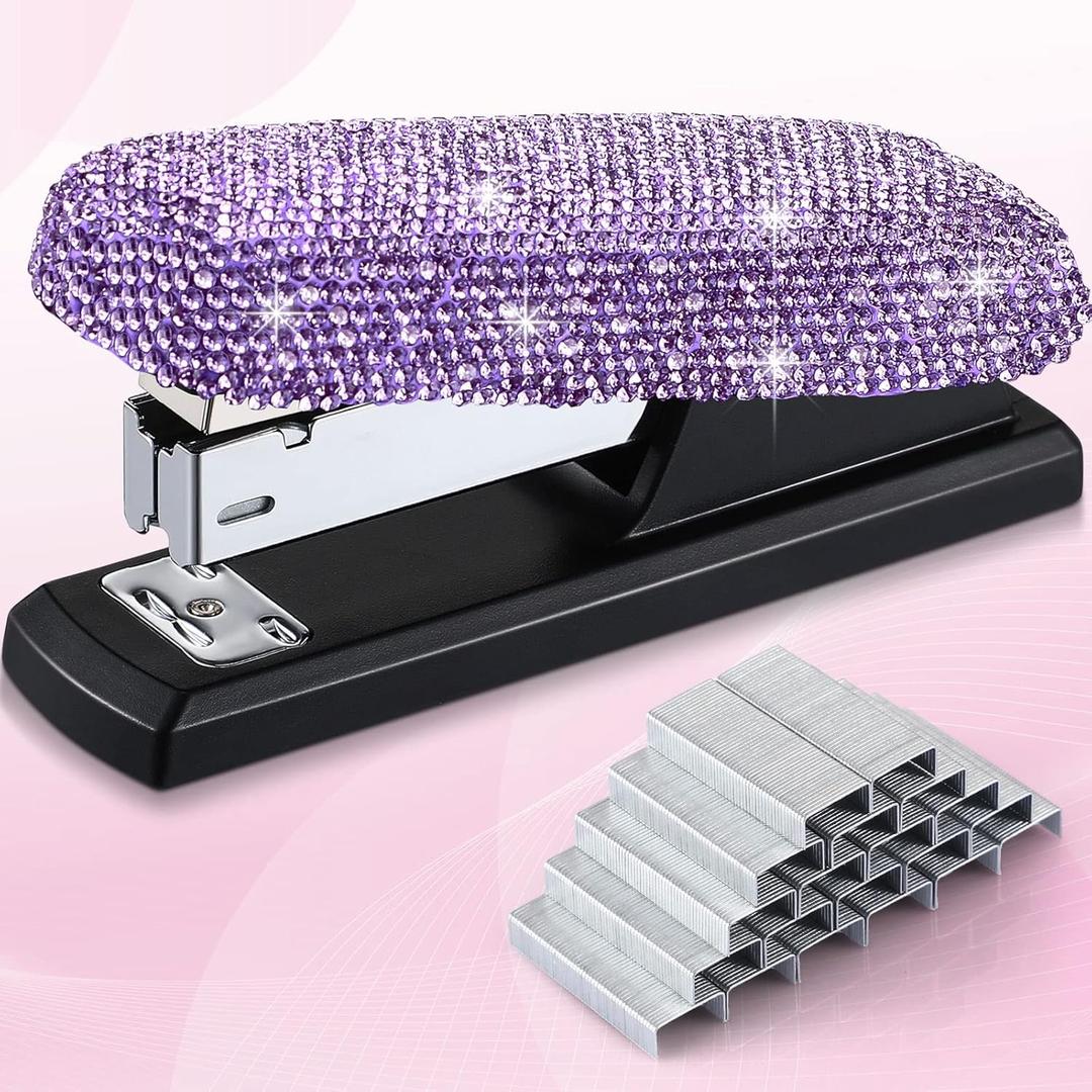 Yexiya Bling Crystal Stapler Gift Sparkly Diamond Stapler for Desk Handmade Clay Rhinestone Machine Pretty Office Stationery Kit Stylish Accessory for Women Lady Christmas(Purple)