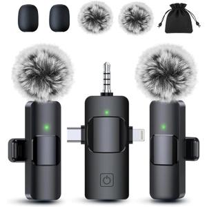 PQRQP Mini Microphone for iPhone - 3 in 1 Wireless Microphones for iOS/Android/Camera, Studio-Quality Audio, Plug & Play Clip Mic for Video Recording Podcast (Raven Black)