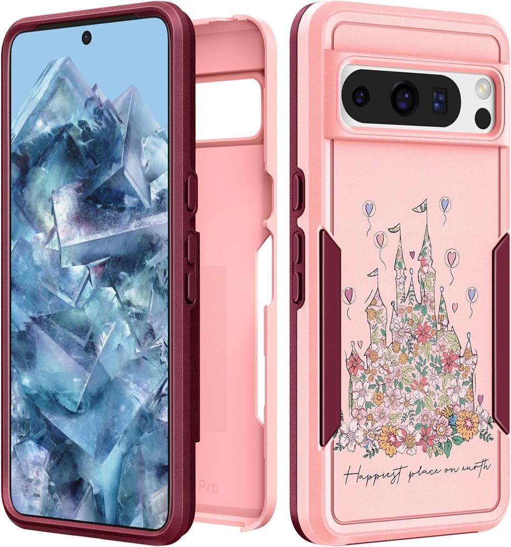 for Google Pixel 8 Pro Case Women - Cute Girls Cover Girly Kawaii Aesthetic Unique Design Flowers Castle Heavy Duty Protective Shockproof Military Grade Teen for Google Pixel 8 Pro Phone Cases