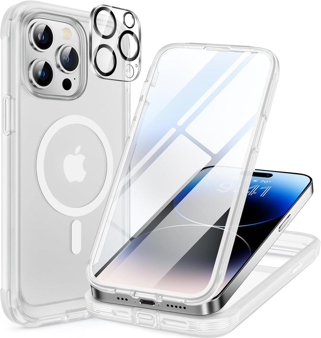 Miracase Magnetic for iPhone 14 Pro Case 6.1 inch, (Compatible with MagSafe) Upgrade Full-Body Clear Phone Bumper Case with Built-in 9H Tempered Glass Screen Protector, Frosted Clear