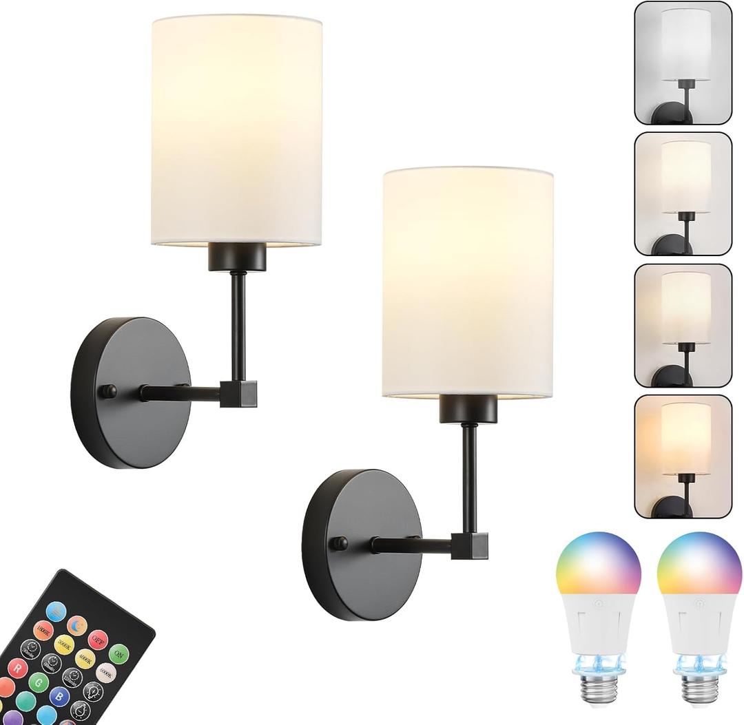 Battery Operated Wall Sconce Set of Two,Wireless Rechargeable Wall Light With Remote Control, Dimmable, 1800K/3000K/4000K/6000K/RGB, Timer, for Living Room, Bedroom, Fireplace, TV, 13.5 Inch, Black