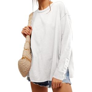 Womens Oversized Long Sleeve Shirts Crew Neck Casual Tops Loose Fit Side Slit Fall Tees (Medium, White)