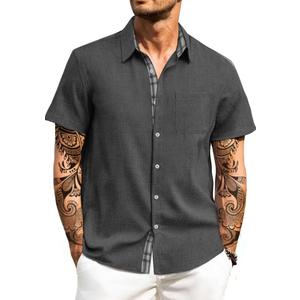 HUNGSON Men's Button Down Shirts Short Sleeve Casual Shirts Summer Beach with Pocket (Large, Dark Gray2025)
