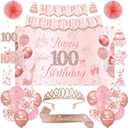 100th Birthday Decorations for Women, 100th Rose Gold Birthday Party Supplies, 100 Years Celebration Kit Including Backdrop, Crown, Sash, banner, Hanging Swirl,Balloons,Paper Fans for Her