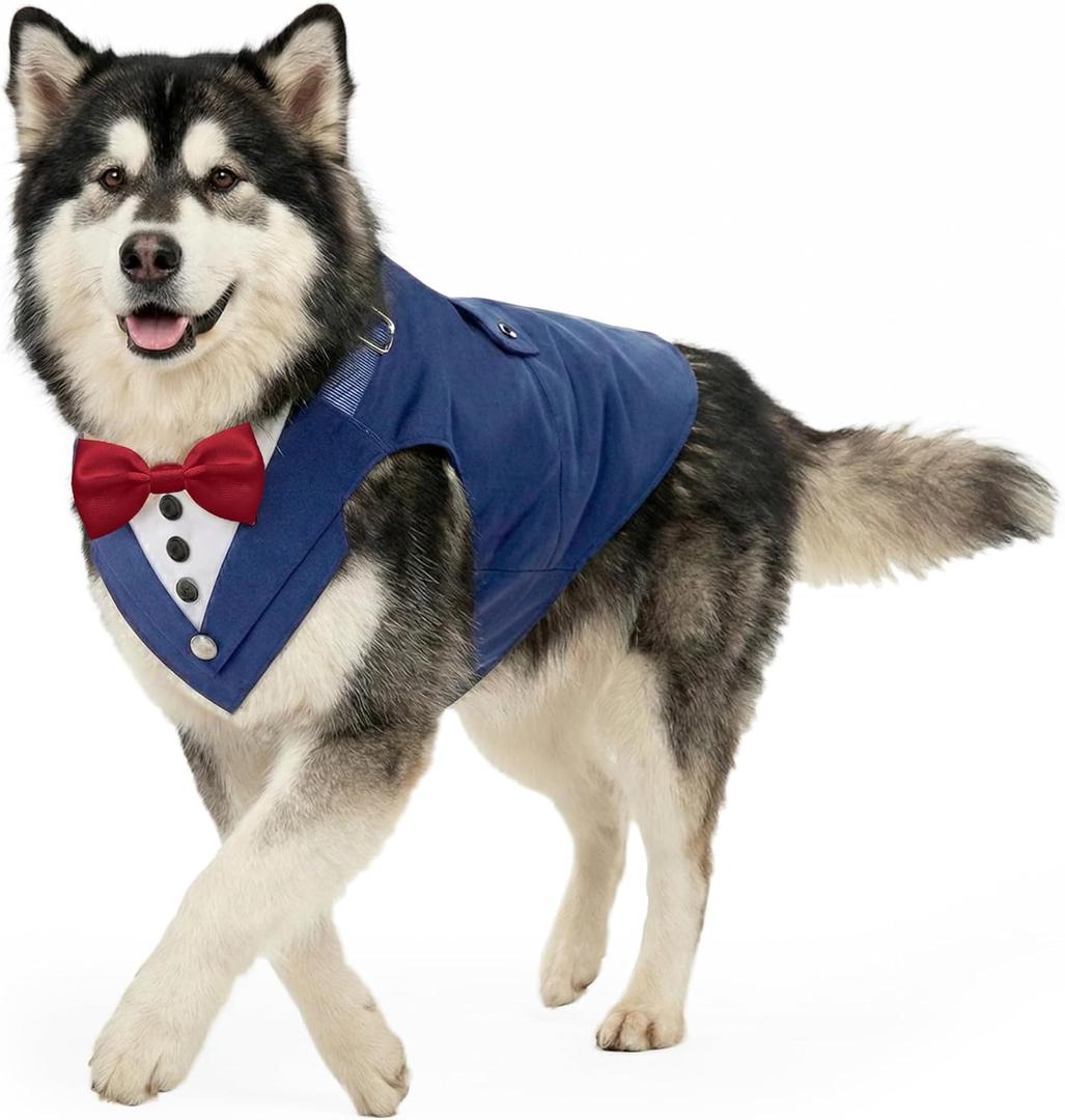 AVERYDAY 2 Pcs Dog Tuxedo & Bandana Set, Dog Suit Costume with Bowtie for Wedding Outfit, Pet Tux Harness with Leash Ring for Party Birthday Christmas, Formal Wear Large Breed