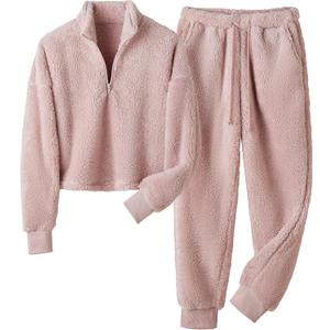 LTSCNRM Womens Fuzzy Pajamas Sets Lounge Fluffy Fleece Sleepwear Zip Up Pullover Pockets (X-Large, Mauve)