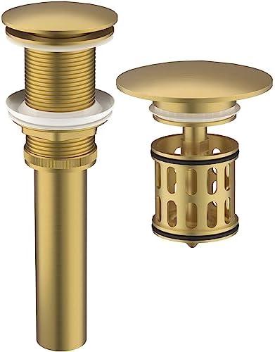 Bathroom Pop up Drain Without Overflow, Anti-Clogging Vessel Sink Drain Strainer, Pop Up Drain with Detachable Basket, Hair Catcher Bathroom Sink Drain Stopper (Brushed Gold, No Overflow)