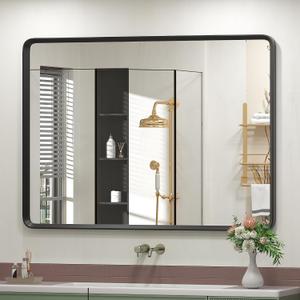44x36 Inch Black Matte Framed Mirror for Bathroom, Rounded Rectangle Mirror, Bathroom Vanity Mirror for Wall, Anti-Rust, Shatterproof (Horizontal/Vertical)